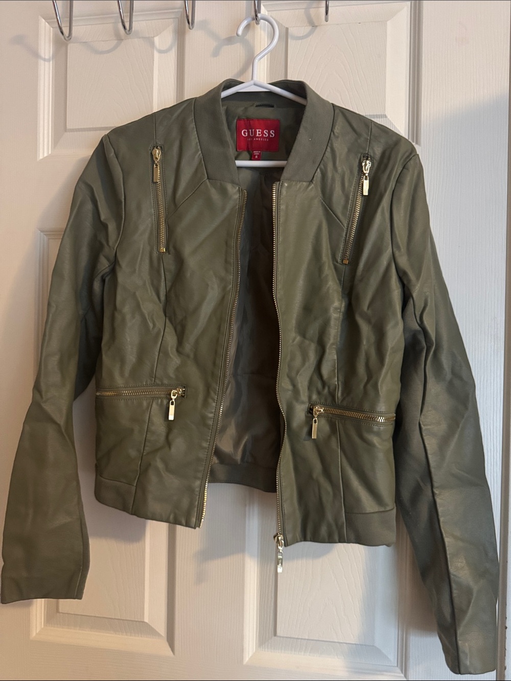 GUESS Olive Faux Leather Bomber Jacket with Gold Zippers